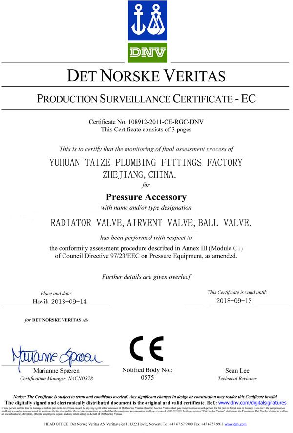 DNV certificate of Yuhuan Taize Plumbing