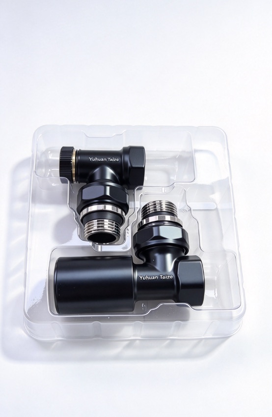 F412 Angle Self-Sealing TRV Set, Black from Taize radiator parts factory